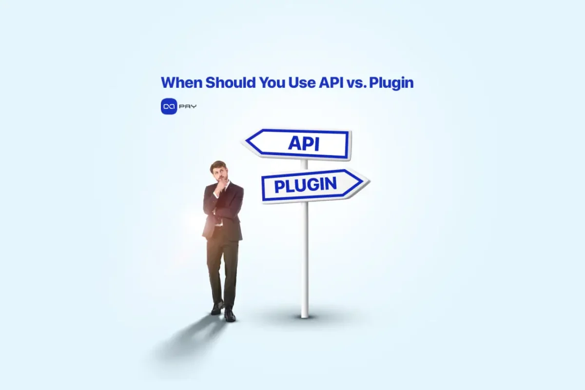 Choosing-Between-API-and-Plugin-for-Your-Project Man deciding between API and plugin at a crossroads signpost
