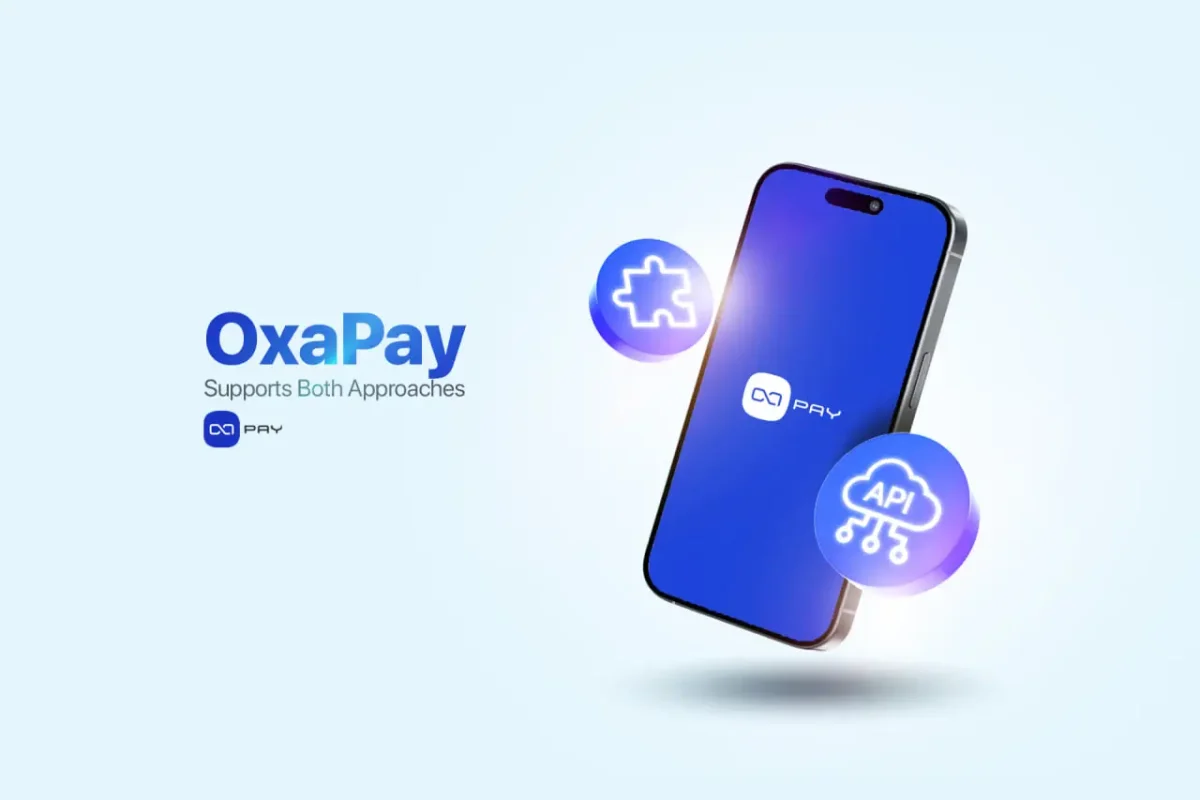 How to Integrate OxaPay Payment API Mobile screen showing OxaPay app with API and plugin icons