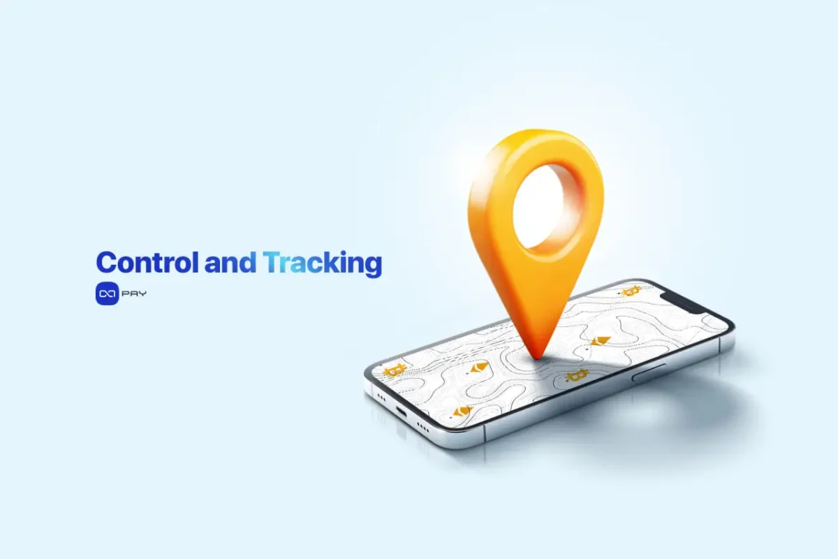 Tracking and Control in Crypto Payments Map location icon placed on a smartphone screen representing tracking features