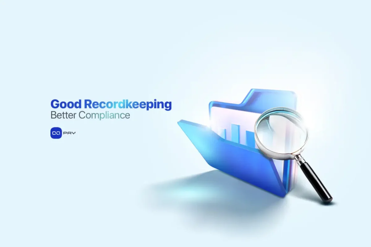 Better-Records_-Better-Crypto-Compliance Open blue folder with a magnifying glass, symbolizing organized recordkeeping for improved crypto payment compliance.