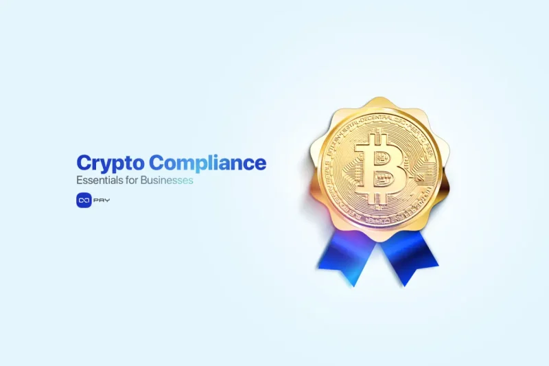 Gold Bitcoin badge with a blue ribbon, symbolizing regulatory trust in crypto payments for businesses.