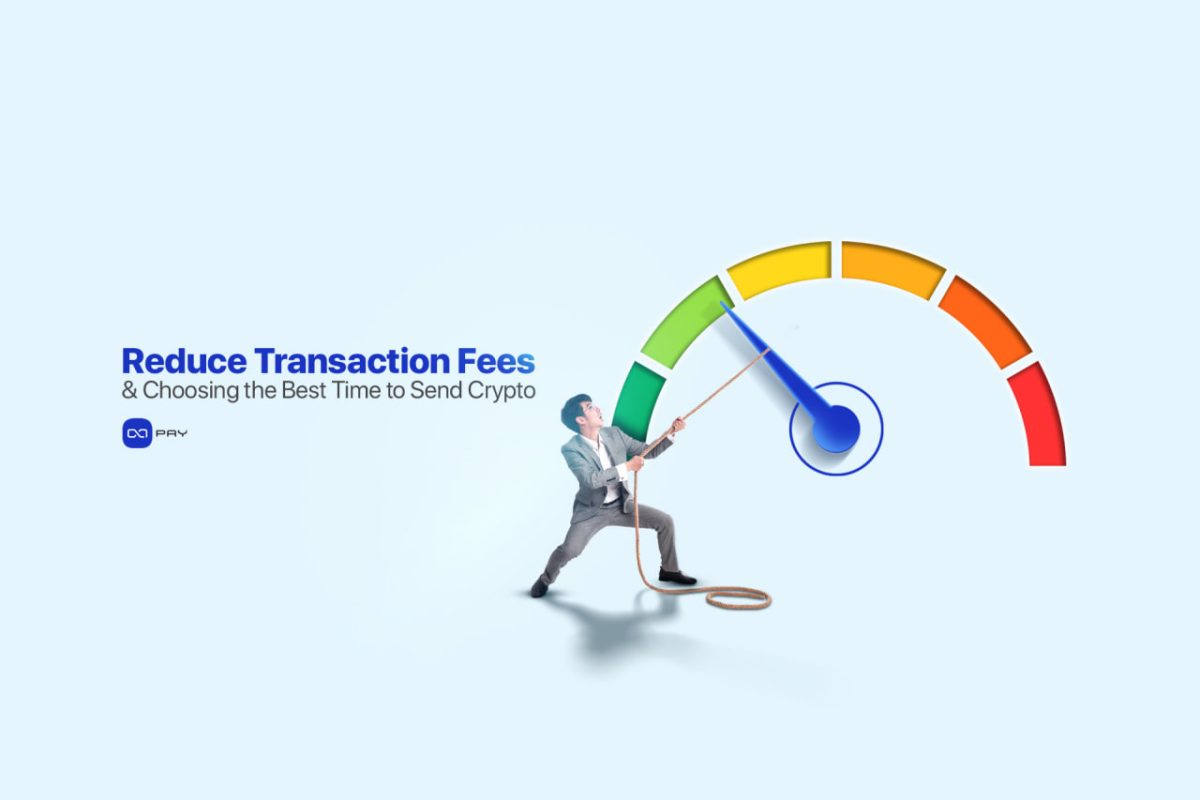 How to Reduce Crypto Transaction Fees Businessman pulling down a fee meter gauge to reduce crypto transaction costs