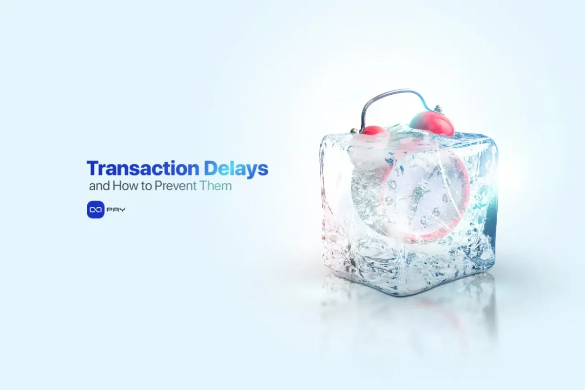 Transaction-Delays-and-How-to-Prevent-Them Frozen clock inside ice block symbolizing delayed crypto transactions