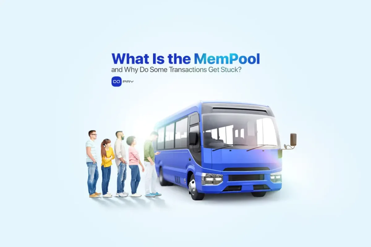 People waiting in line beside a blue bus illustrating how transactions queue in the crypto mempool