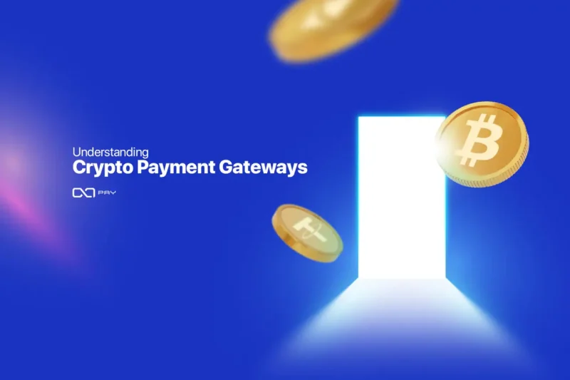 Illustration showing crypto coins entering a digital gateway, symbolizing how crypto payment gateways work.