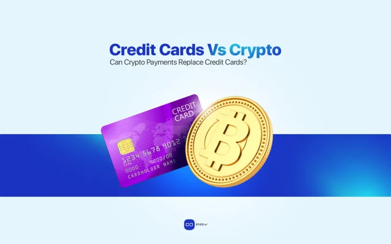 Illustration of a credit card next to a Bitcoin coin, representing the comparison between crypto payments and credit cards.