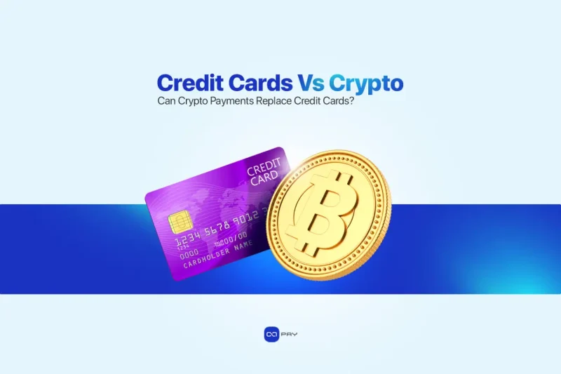 Illustration of a credit card next to a Bitcoin coin, representing the comparison between crypto payments and credit cards.