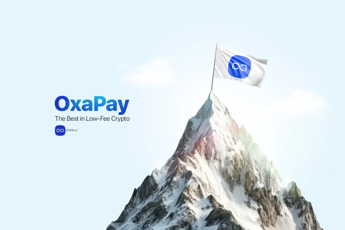 OxaPay flag on a mountain symbolizing leadership in low-fee crypto payments