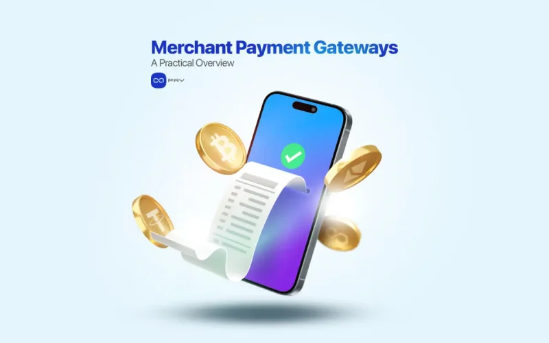 Smartphone with digital receipt and crypto coins representing merchant payment gateways