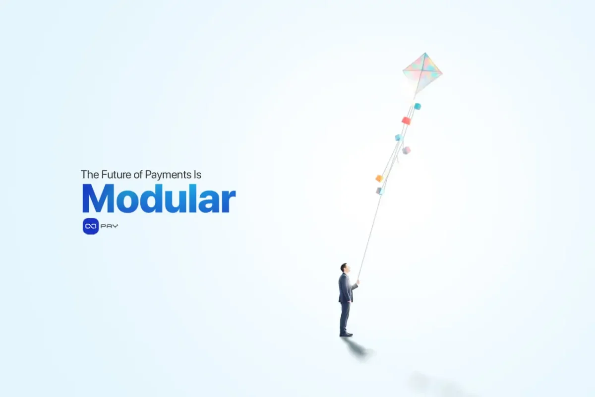 The-Modular-Future-of-Payment-Systems Businessman flying a kite made of interconnected blocks, symbolizing modular payment infrastructure.