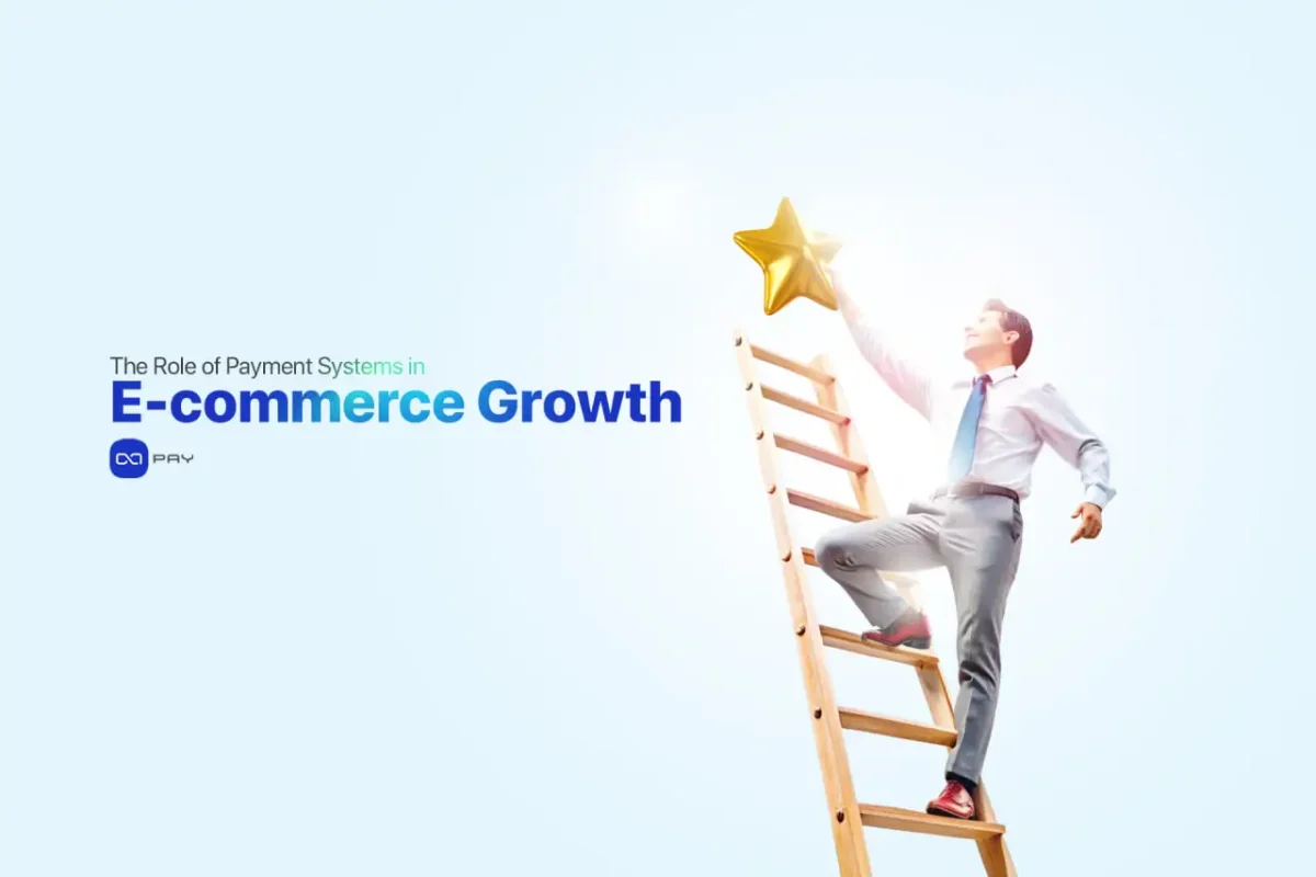 Businessman on a ladder reaching for a golden star, representing e-commerce growth