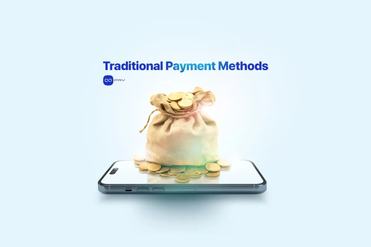 Traditional-Payment-Methods-in-Apps Coins and money bag displayed on a smartphone screen