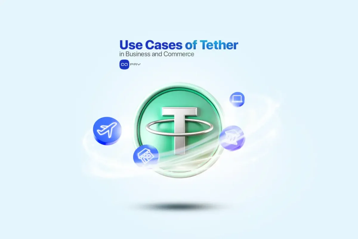 Tether USDT digital coin with business icons for payments