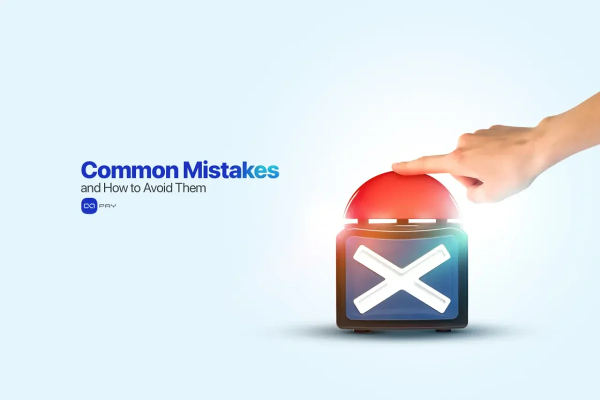 Common-Mistakes-in-Crypto-Payments Hand pressing a red error button symbolizing crypto payment mistakes