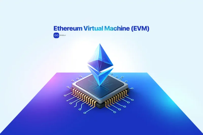 Ethereum Virtual Machine (EVM) icon above a digital processor chip