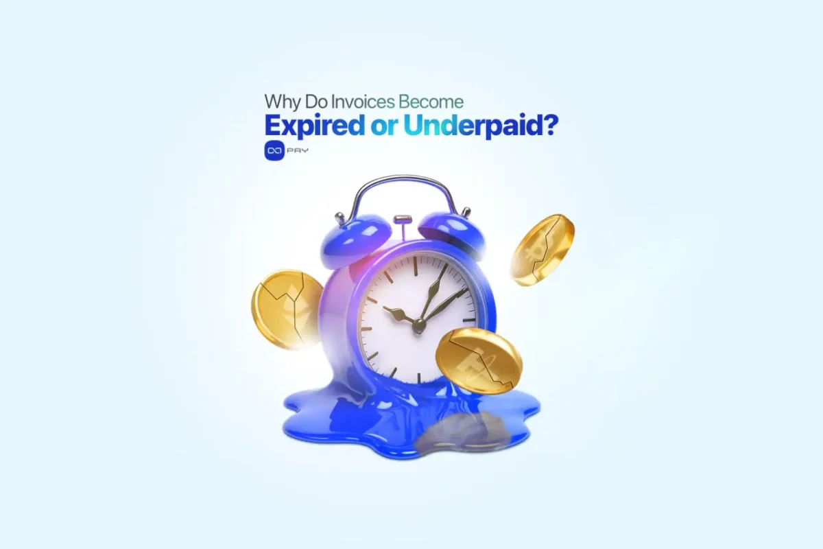 Expired-or-Underpaid-Invoices-in-Crypto Melting clock with crypto coins symbolizing expired or underpaid invoices