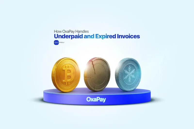 : OxaPay illustration showing Bitcoin and crypto coins for underpaid and expired invoices
