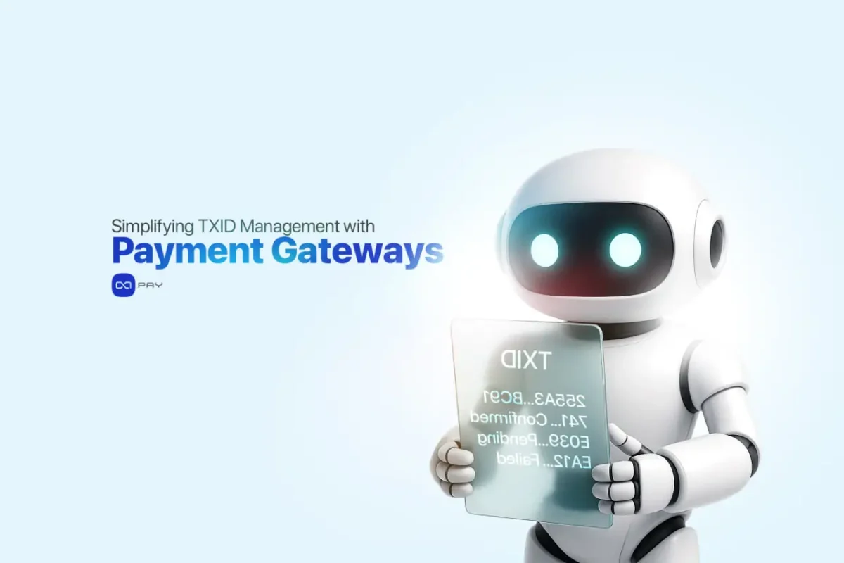 Payment-Gateway-TXID-Managemen Robot holding a screen with TXID transaction details