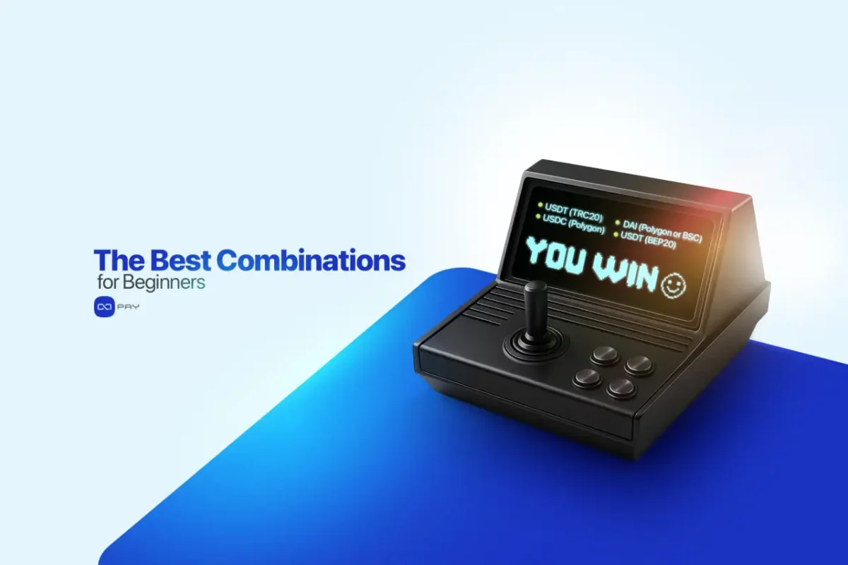 The-Best-Crypto-Combinations-for-Beginners Retro joystick with screen showing winning crypto payment options like USDT TRC20 and USDC Polygon