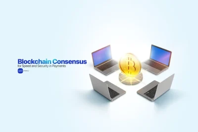 Illustration showing blockchain consensus validating Bitcoin transactions across connected devices