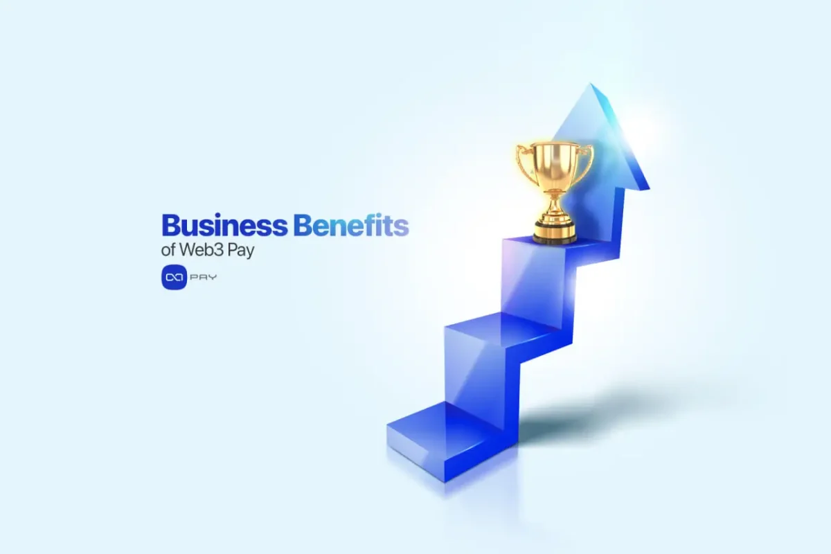 Trophy on rising blue steps representing business growth with Web3 Pay