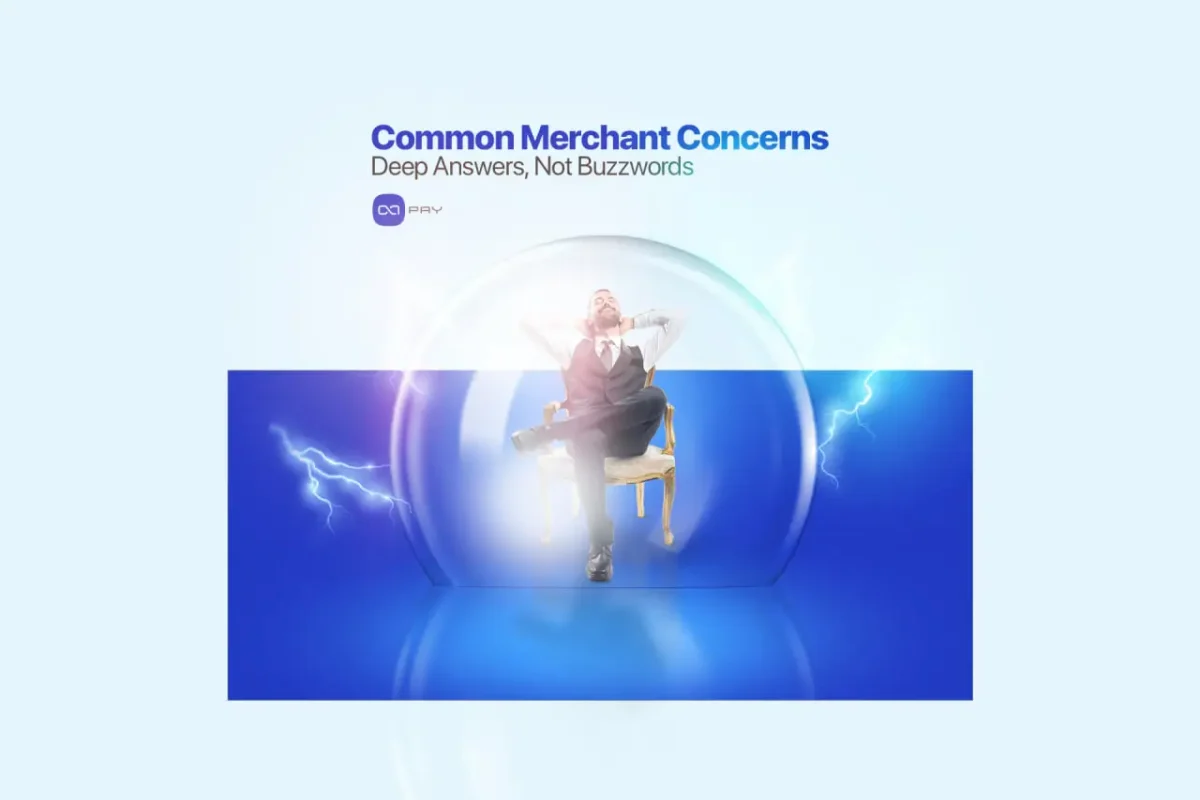 Relaxed businessman sitting confidently inside a protective bubble, symbolizing merchant security