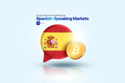 3D-чат-пузырь с флагом Испании и золотой монетой Bitcoin, символизирующей криптовалютные платежи для испаноязычных рынков.