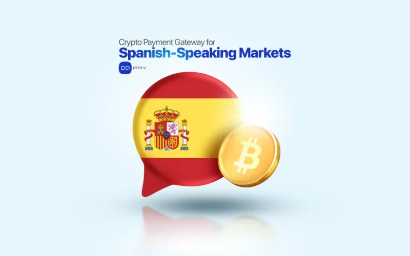 3D chat bubble with the Spain flag and a golden Bitcoin coin representing crypto payments for Spanish-speaking markets.