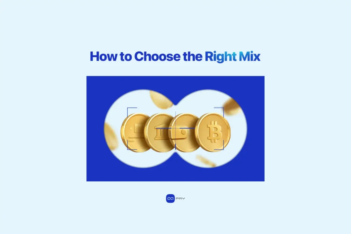 How-to-Choose-the-Right-Mix-of-Payment-Methods Golden coins representing card, bank, wallet, and Bitcoin under a focus lens