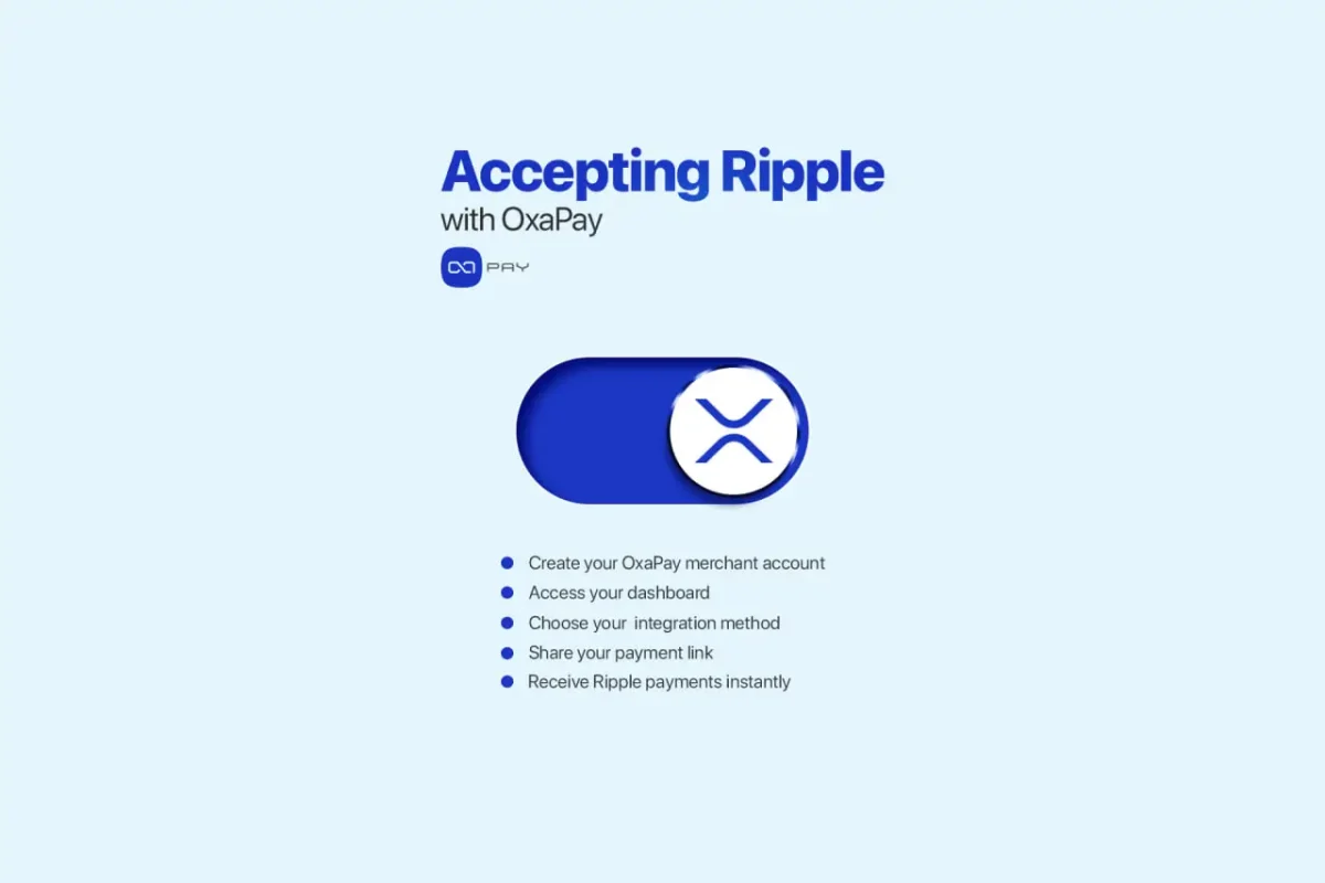 How-to-Start-Accepting-Ripple-with-OxaPay Ripple logo switch button and list of steps to enable Ripple payments on OxaPay