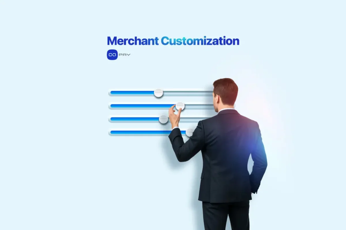 Merchant-Customization-Features-in-OxaPay-Payment-Pages Businessman adjusting digital sliders to customize payment settings