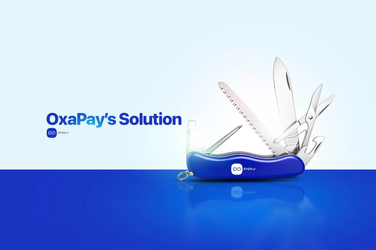 Решение OxaPay Синий швейцарский армейский нож с логотипом OxaPay, представляющий многофункциональные решения для криптовалютных платежей