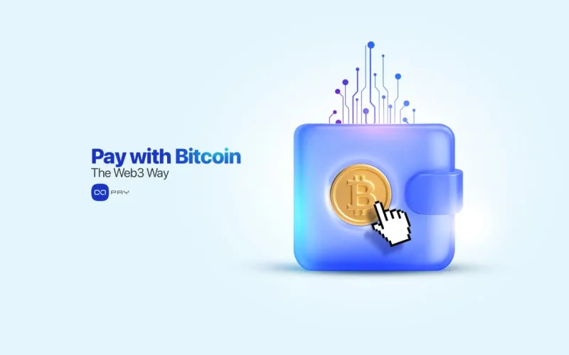 Web3 Bitcoin payment illustration showing digital wallet with Bitcoin coin