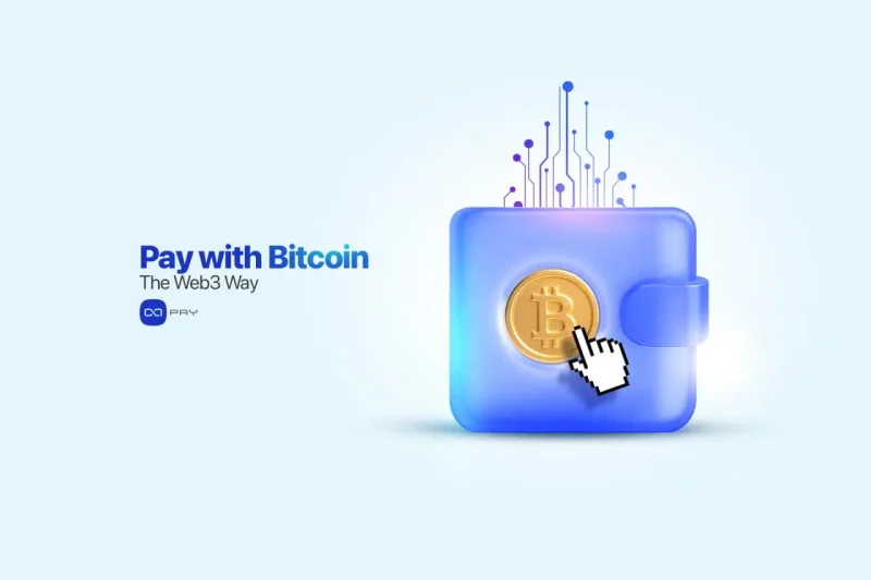 Web3 Bitcoin payment illustration showing digital wallet with Bitcoin coin