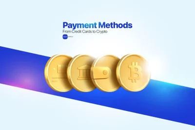 Gold coins showing icons of credit card, bank transfer, digital wallet, and Bitcoin