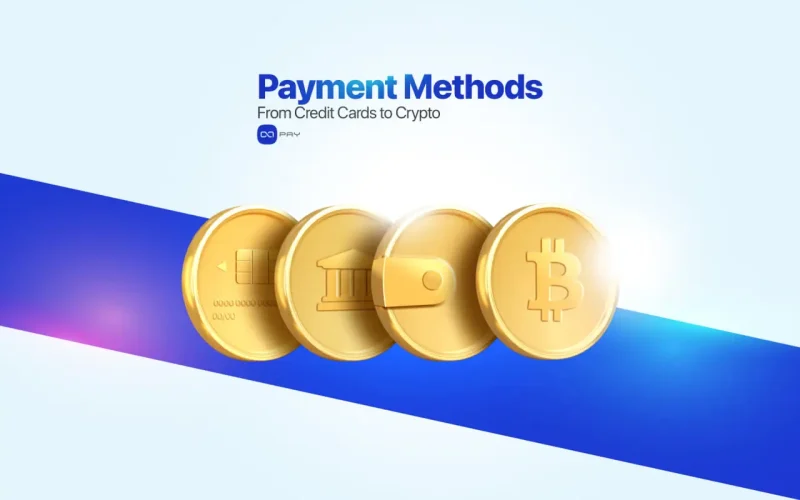 Gold coins showing icons of credit card, bank transfer, digital wallet, and Bitcoin