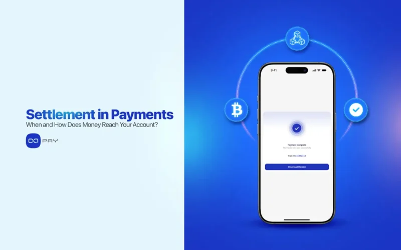Visual showing crypto payment settlement flow from customer to merchant account