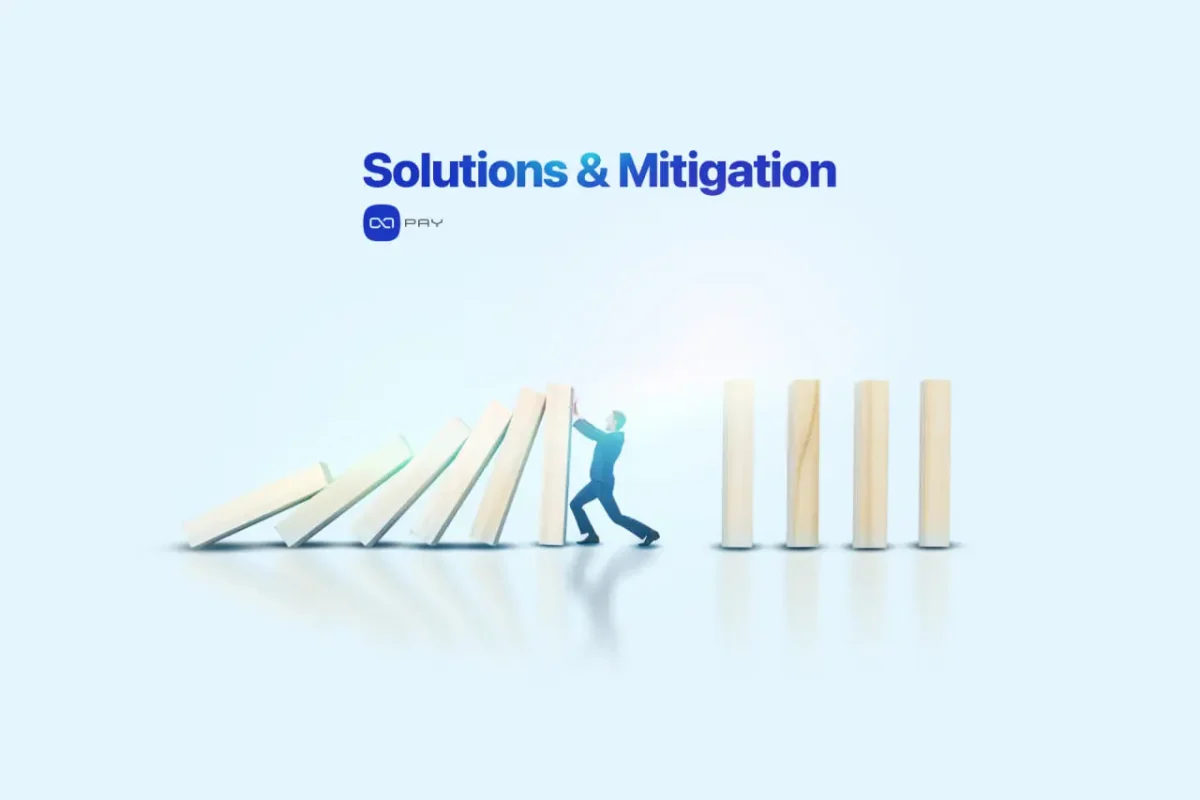 Businessman stopping falling dominoes, symbolizing prevention of transaction delays