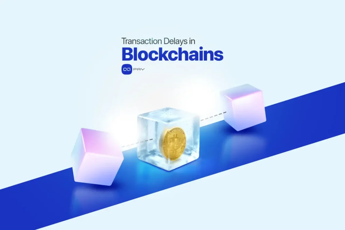 Frozen Bitcoin inside a block, illustrating blockchain transaction delays