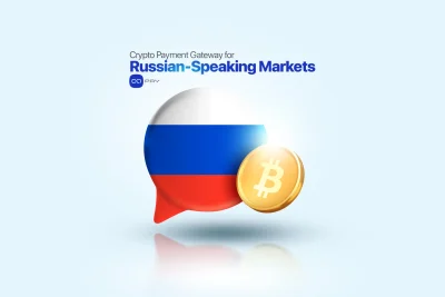 3D chat bubble with the Russian flag and a golden Bitcoin coin representing crypto payments in Russian-speaking markets.