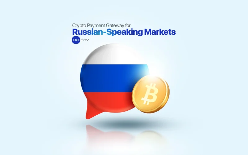 3D chat bubble with the Russian flag and a golden Bitcoin coin representing crypto payments in Russian-speaking markets.