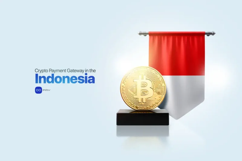 Bitcoin coin with Indonesian flag representing crypto payment gateway in Indonesia.