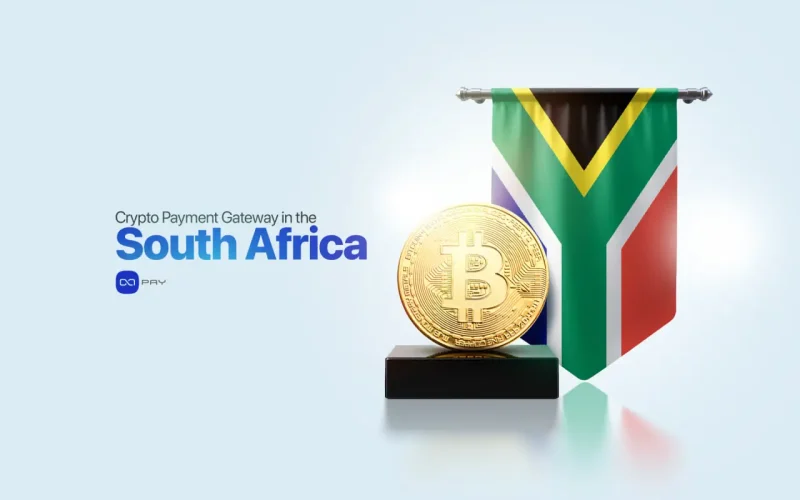 Crypto payment gateway in South Africa with Bitcoin symbol and South African flag.