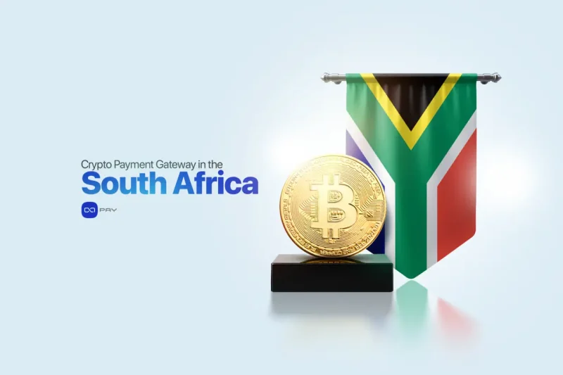 Crypto payment gateway in South Africa with Bitcoin symbol and South African flag.