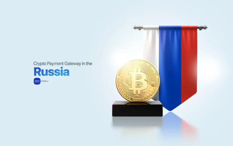 Bitcoin with the Russia flag representing a crypto payment gateway for Russian businesses