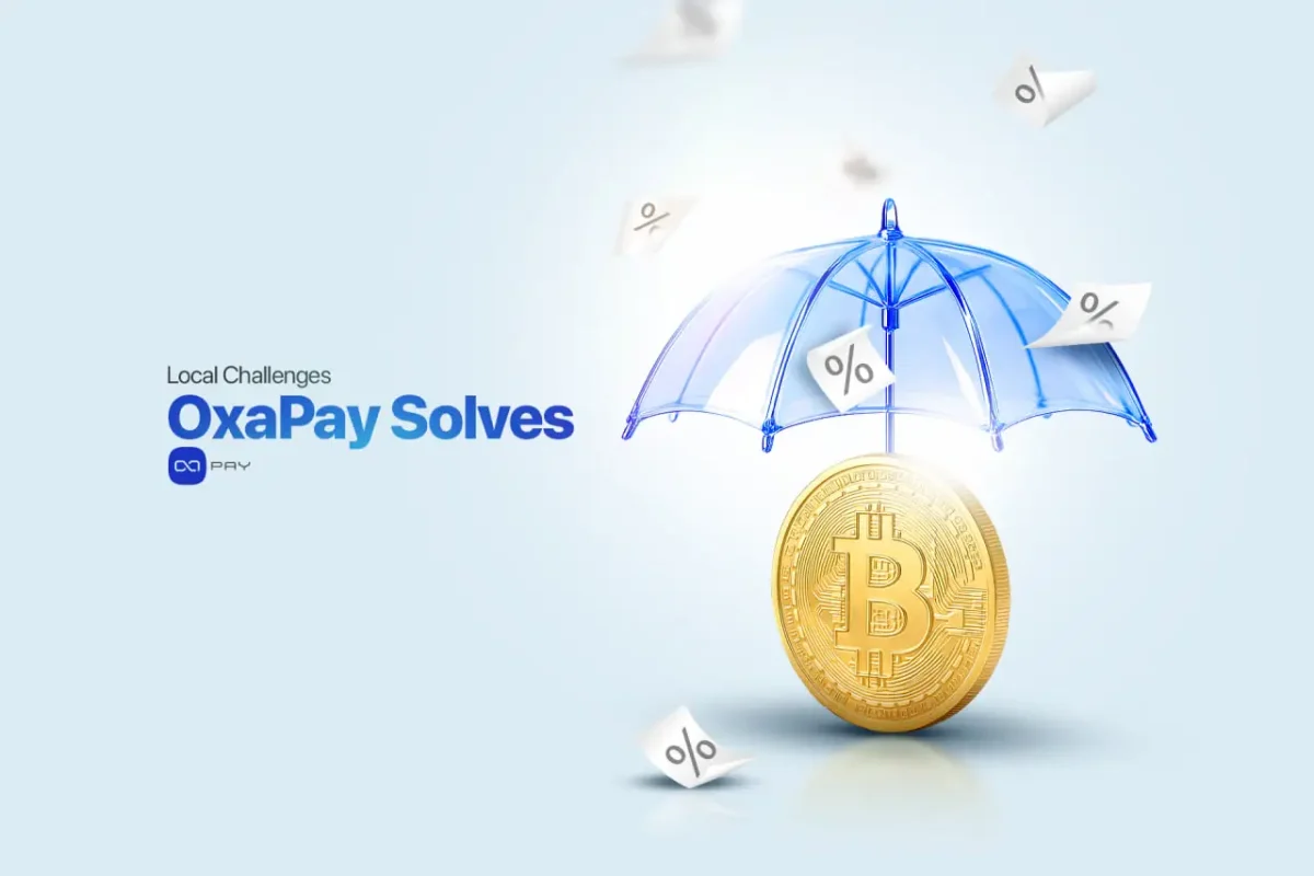 Bitcoin protected under an umbrella showing how OxaPay solves local payment challenges.