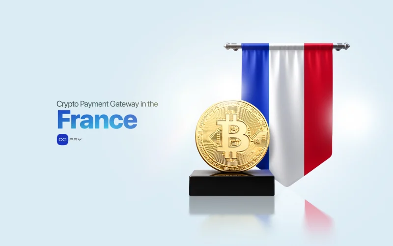 Crypto Payment Gateway in France showing a Bitcoin symbol with the French flag, representing secure and compliant crypto payments.