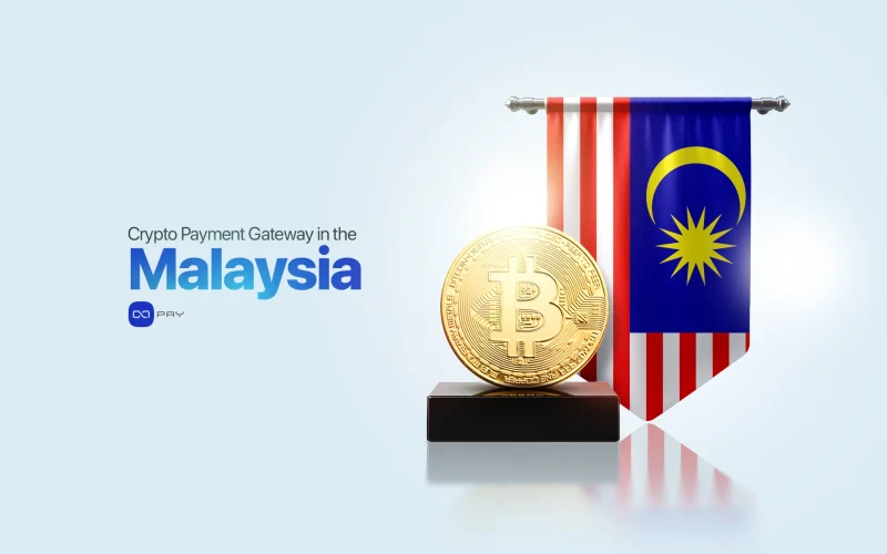 Crypto Payment Gateway in Malaysia illustration with a Bitcoin coin and the Malaysian flag.