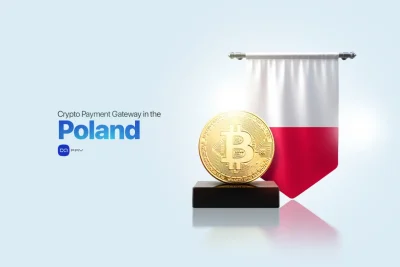 Crypto Payment Gateway in Poland with a Bitcoin coin and the Polish flag representing digital payments.