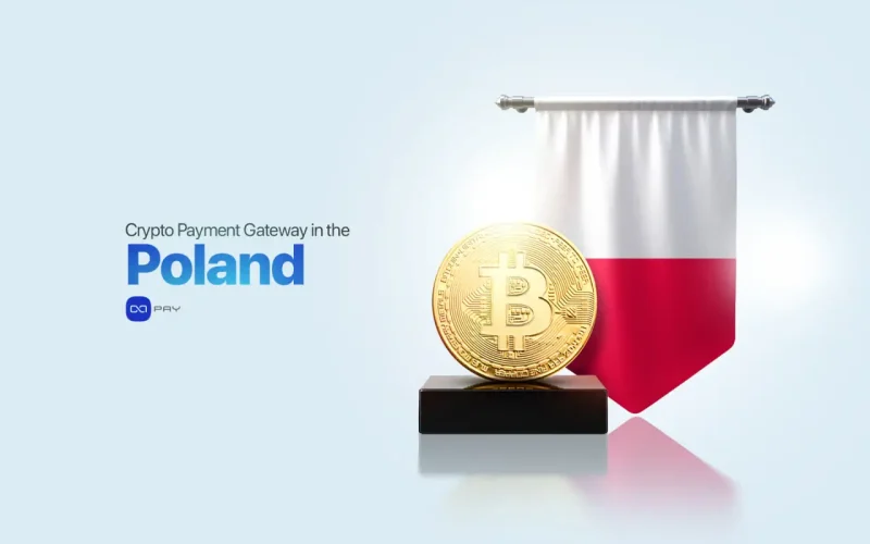 Crypto Payment Gateway in Poland with a Bitcoin coin and the Polish flag representing digital payments.